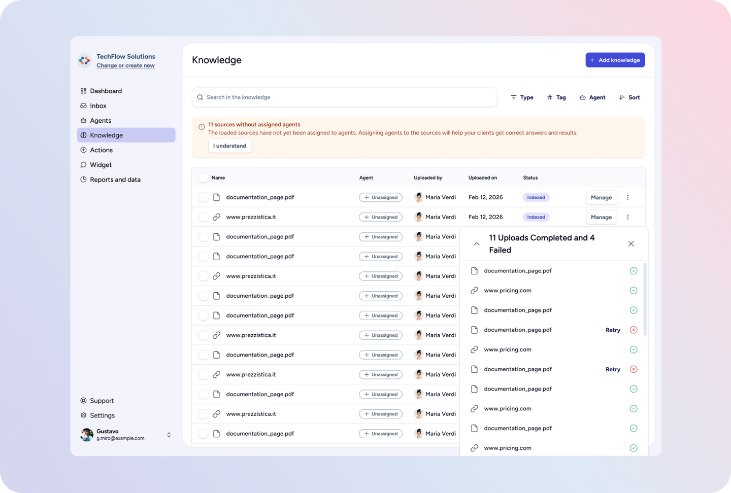 Bonobo AI knowledge base with uploaded sources and upload status