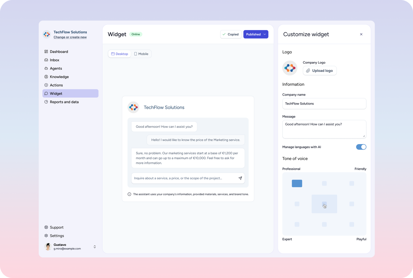 Bonobo AI widget customization with live chat preview and tone of voice settings