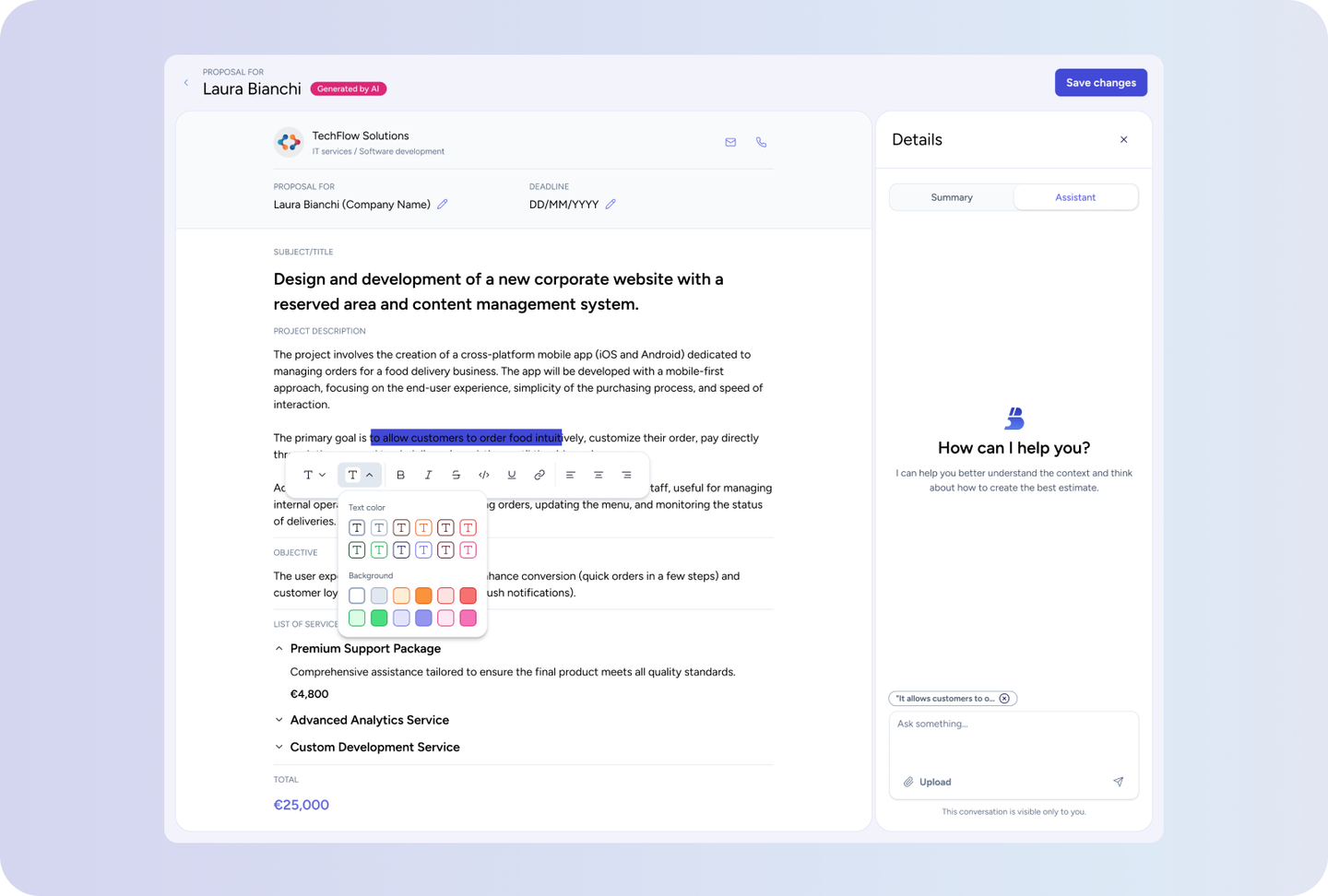 Bonobo AI quote editor with AI-generated proposal and assistant panel