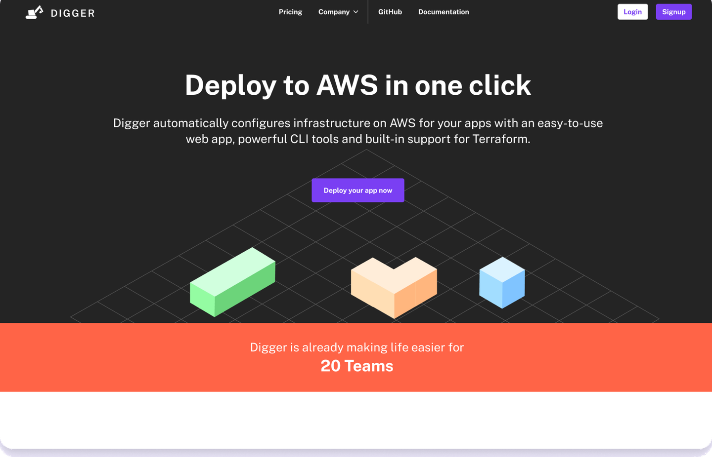 Digger landing page hero: Deploy to AWS in one click