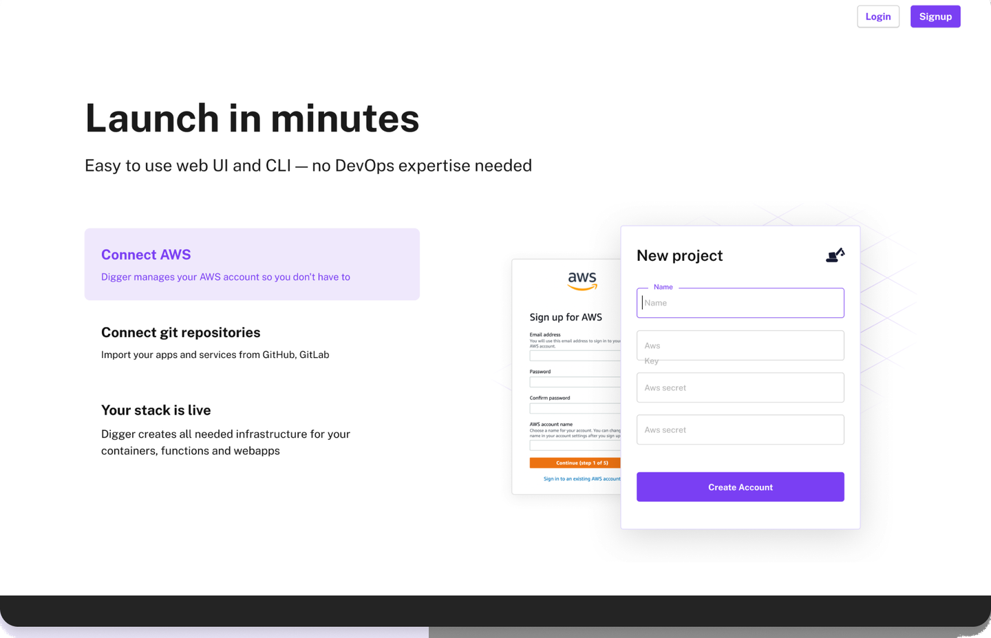 Digger Launch in minutes section with new project form