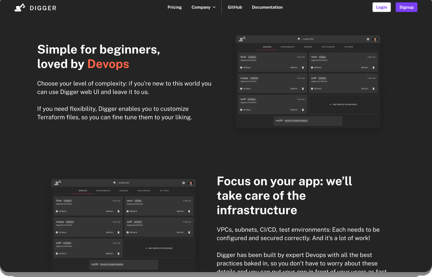 Digger product section with services dashboard screens