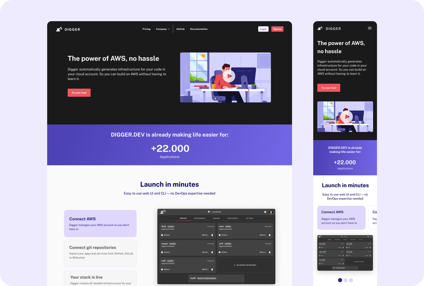 Digger landing page on desktop and mobile