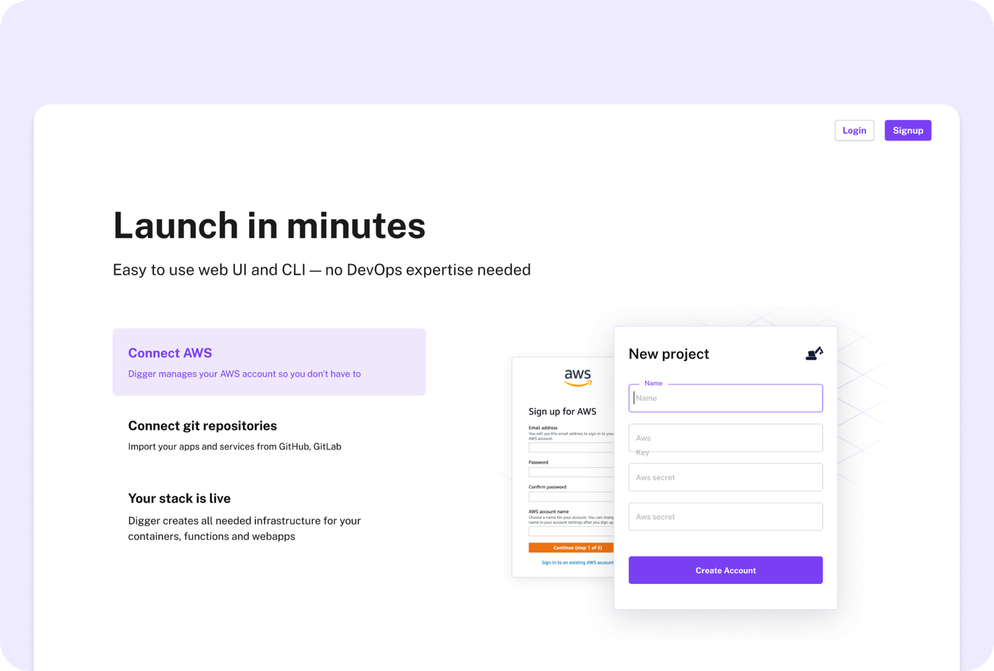 Digger Launch in minutes section with AWS connection flow