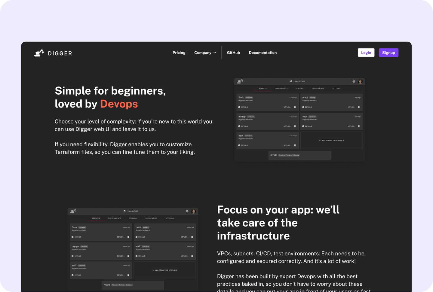 Digger section for beginners and DevOps teams with dashboard screens