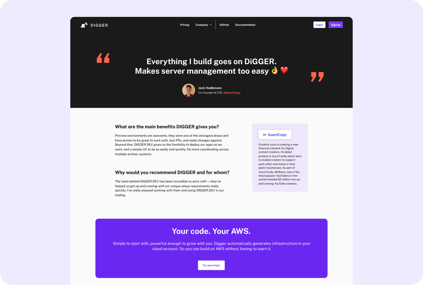 Digger customer testimonial and closing call to action