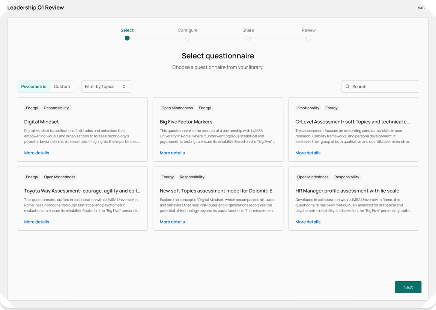 Eggup campaign wizard for selecting a psychometric questionnaire