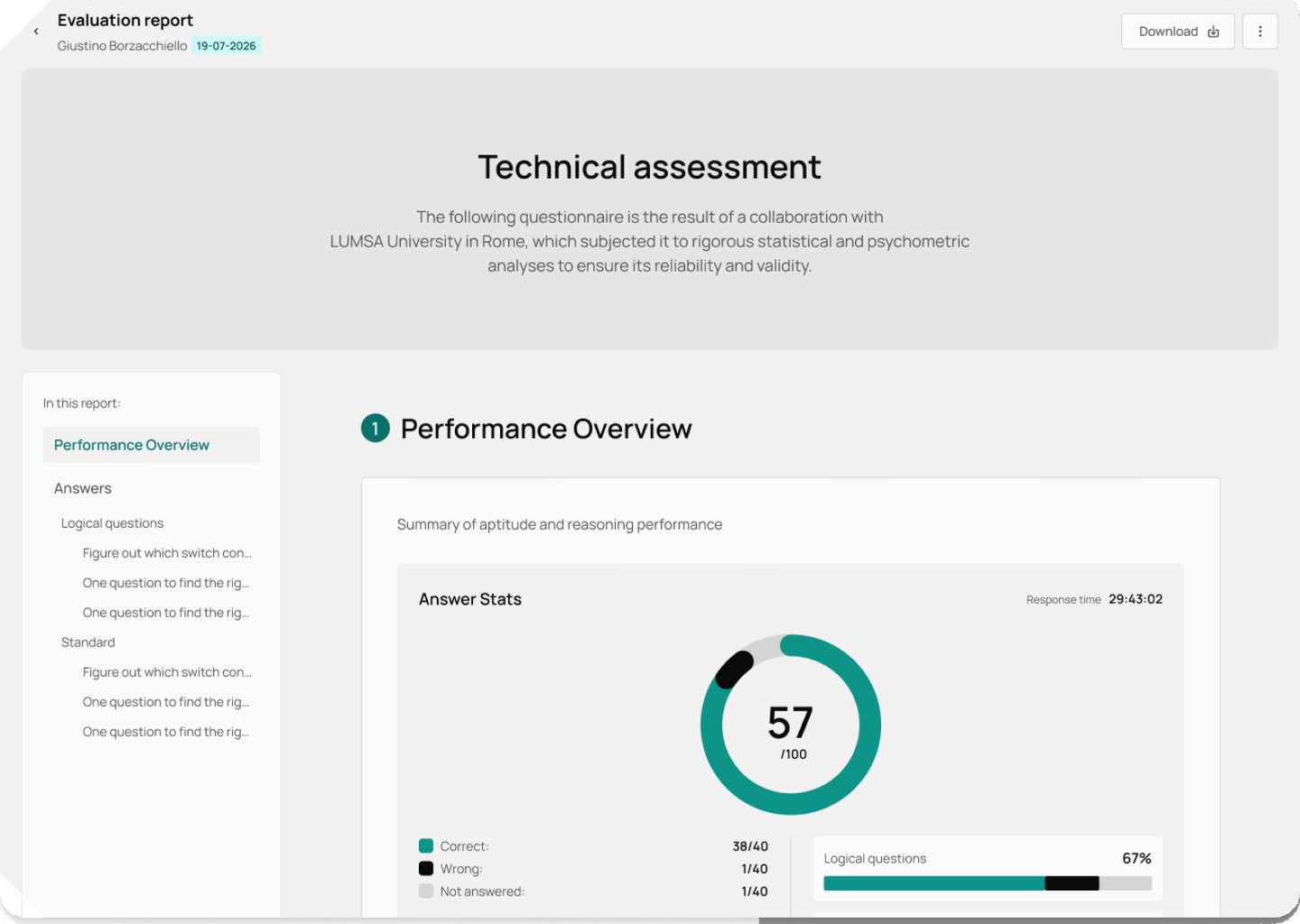 Eggup evaluation report with performance overview and answer stats
