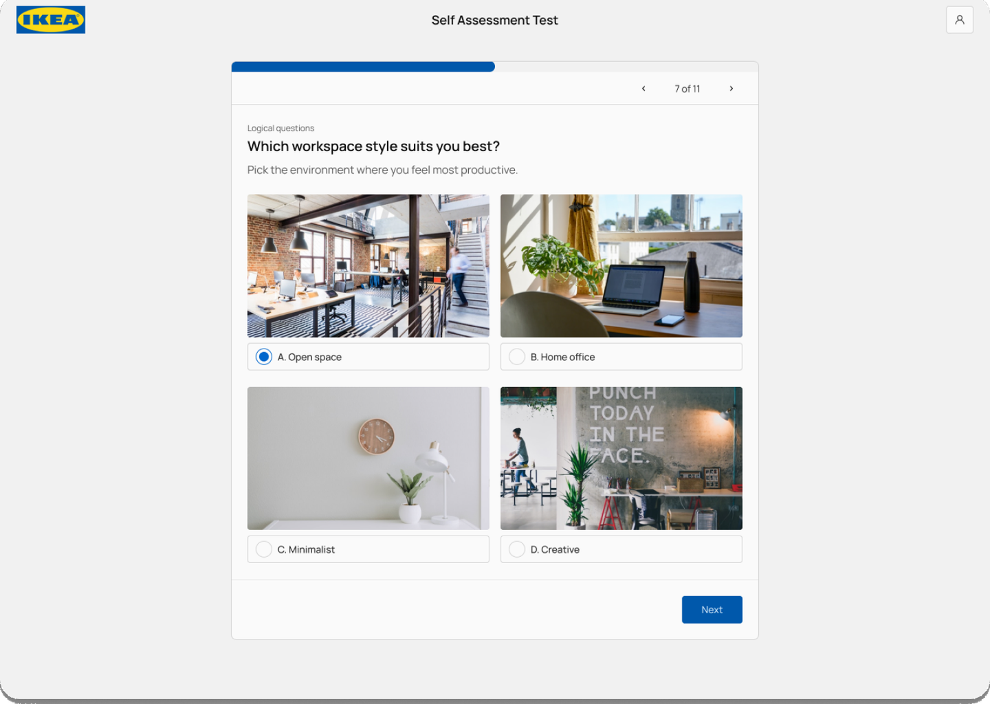 Branded self-assessment test with a picture-choice question