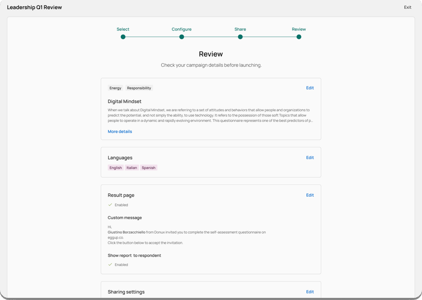 Eggup campaign review step with languages and result page settings
