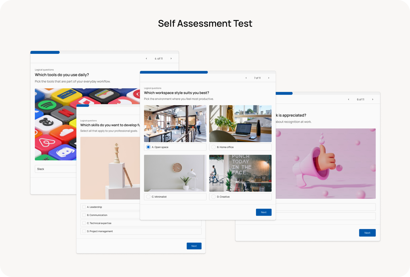 Eggup self-assessment test screens with image-based questions