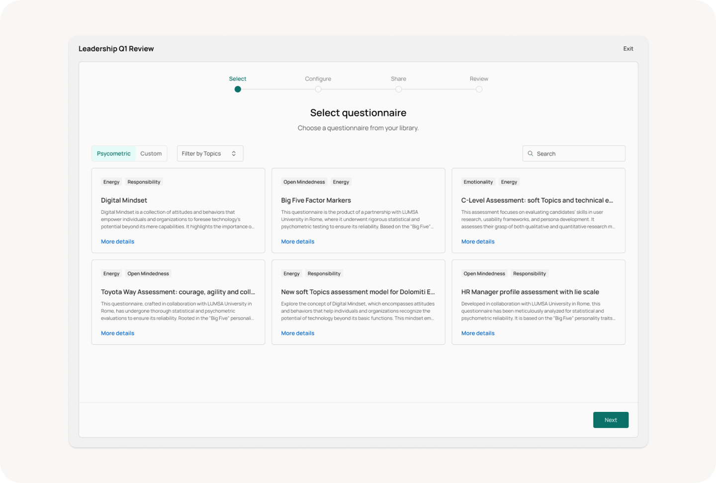 Eggup questionnaire library filtered by psychometric topics