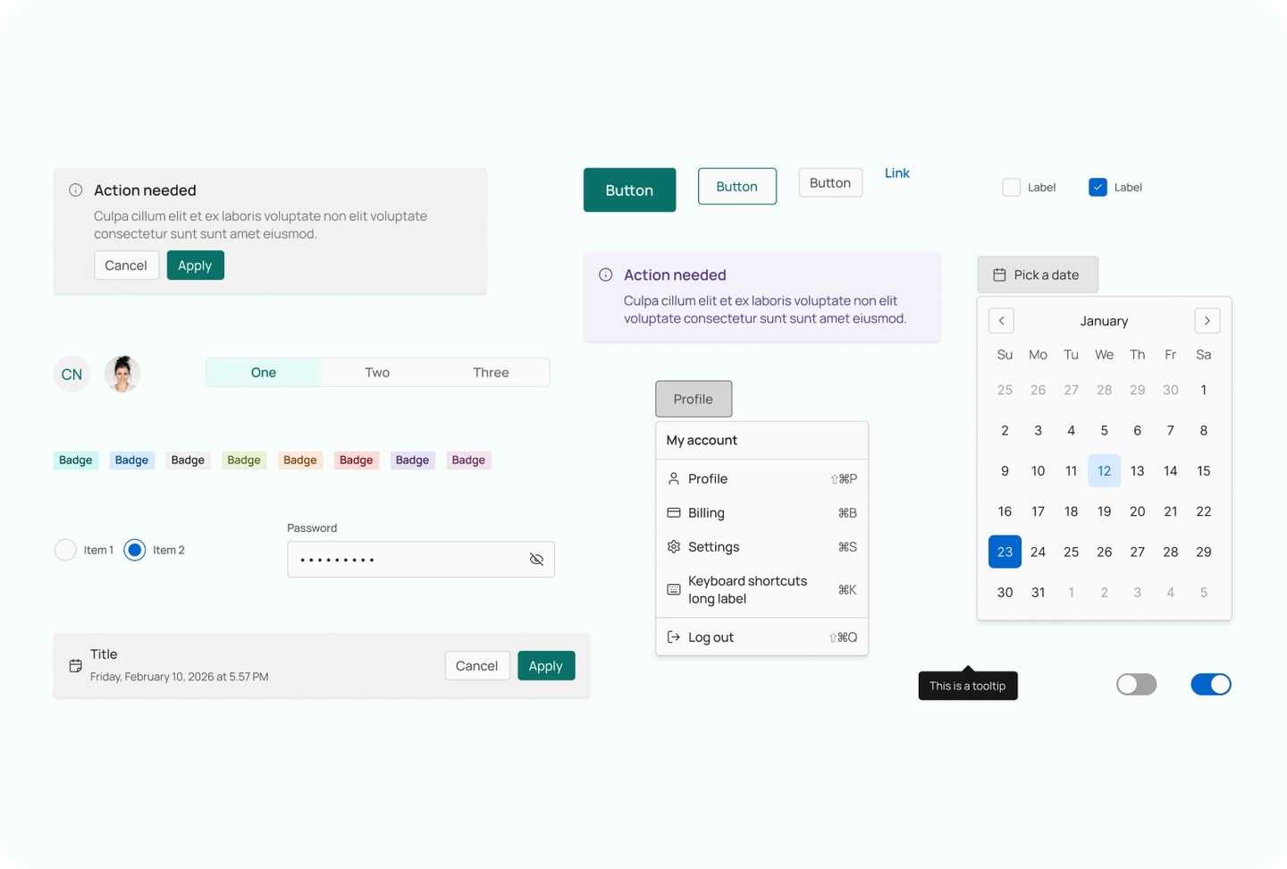 Eggup UI component library with buttons, badges, menus and date picker