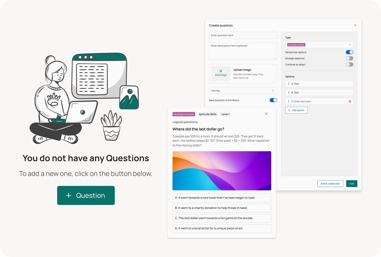 Eggup Custom Builder with empty state and question editor