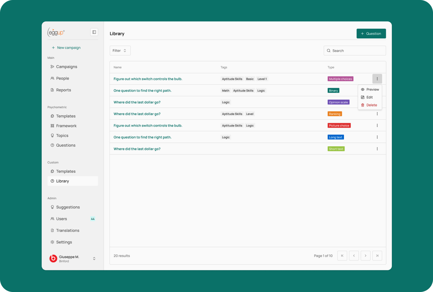 Eggup question library with tags and question types