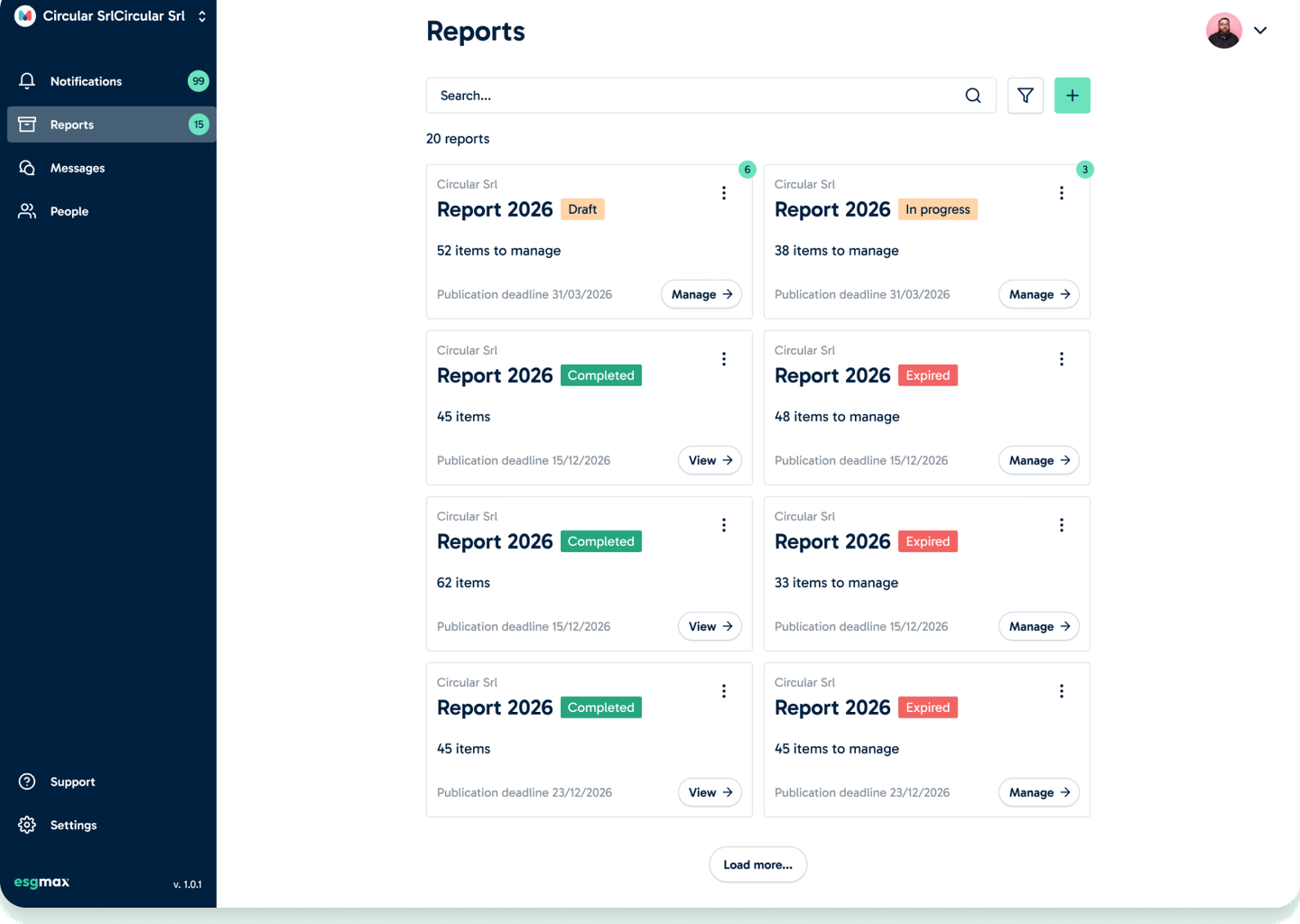 ESGMax reports list with draft, in progress, completed and expired states