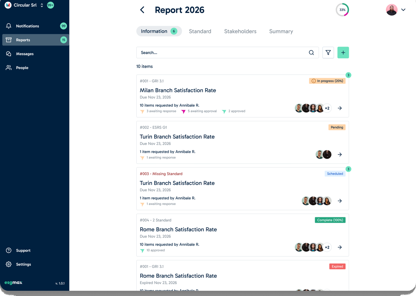 ESGMax report with information requests and their progress
