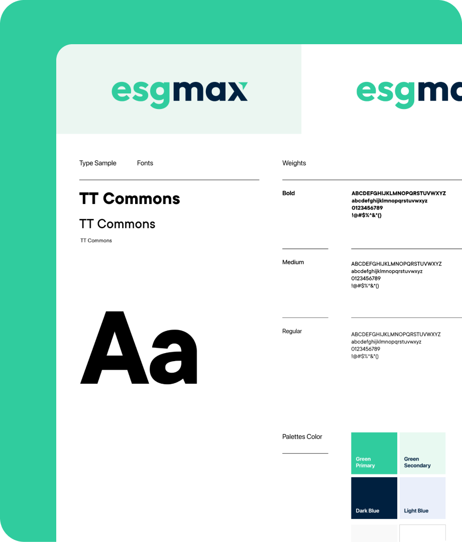 ESGMax brand guidelines with TT Commons typography and color palette