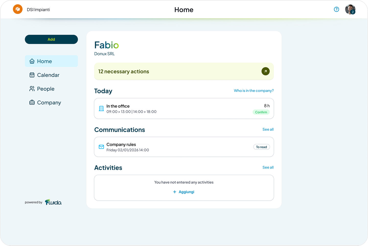 Fluida home dashboard
