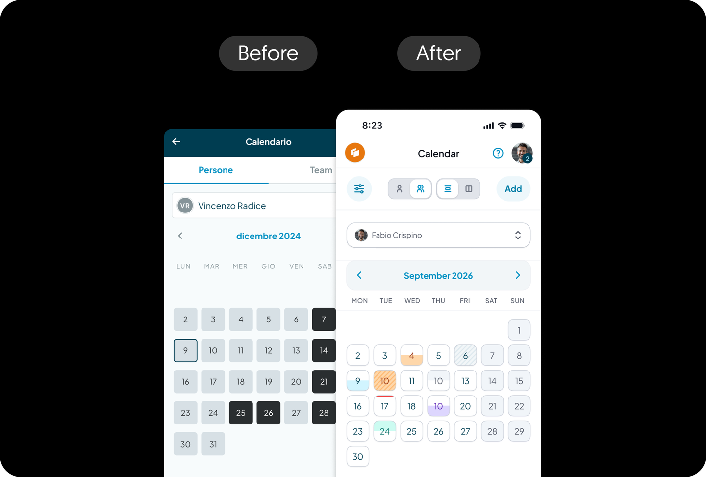 Fluida calendar before and after redesign