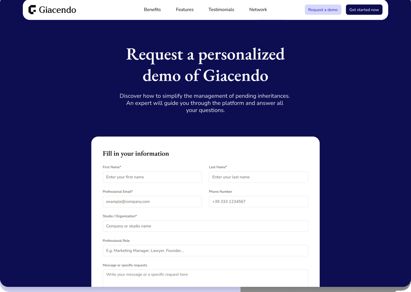 Giacendo website demo request page