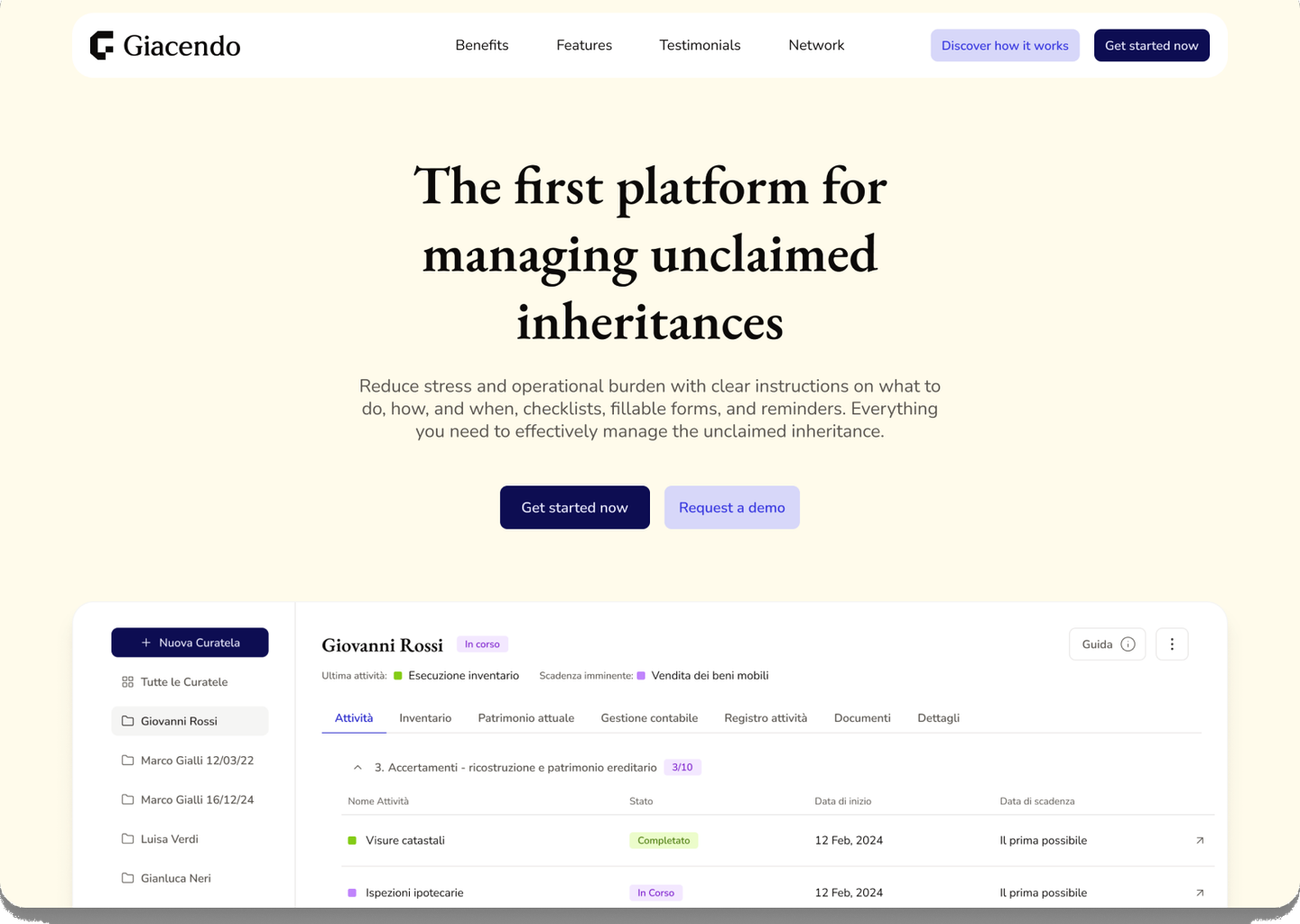 Giacendo website hero presenting the platform