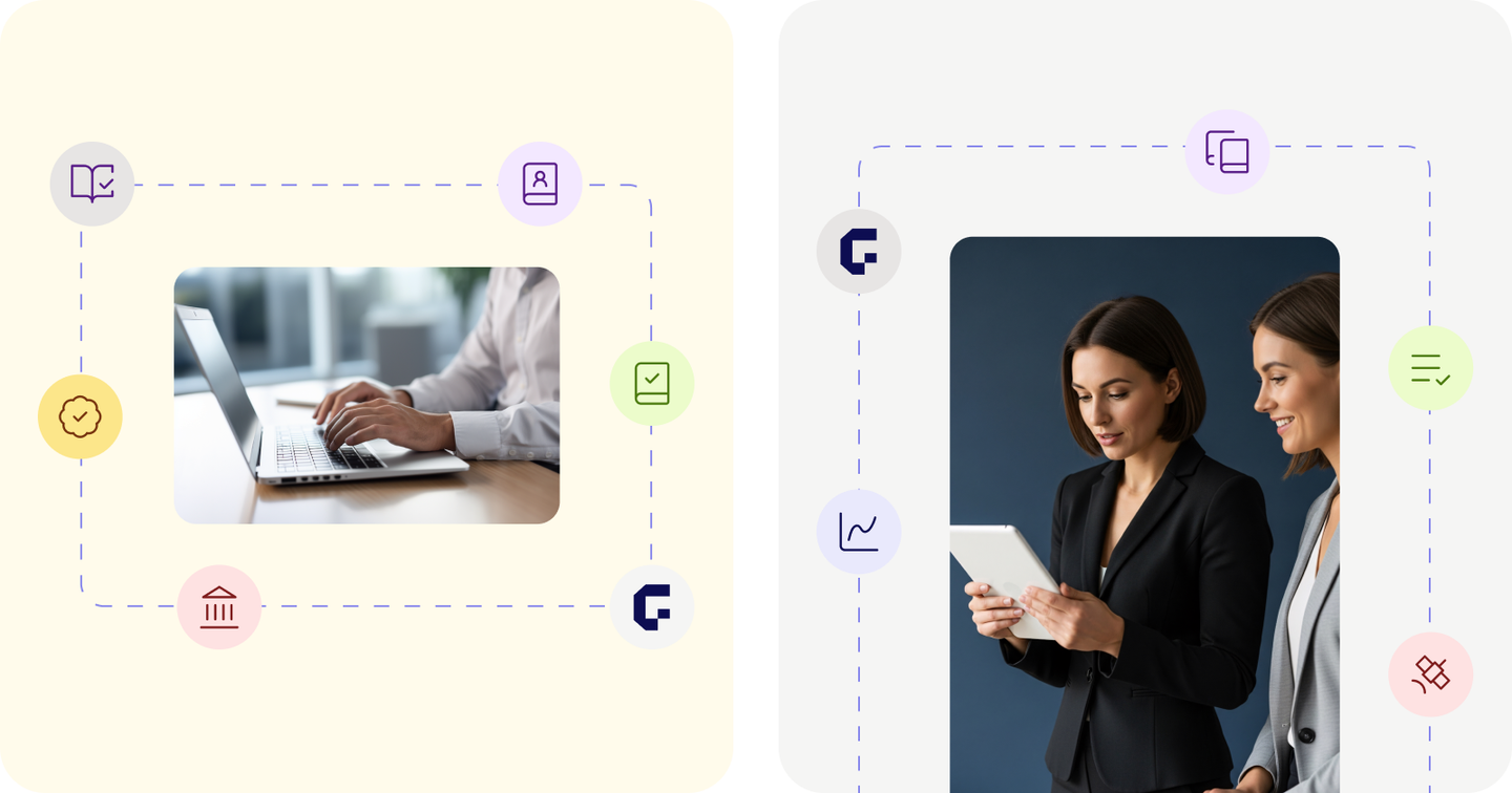 Giacendo brand visuals with professionals and product icons