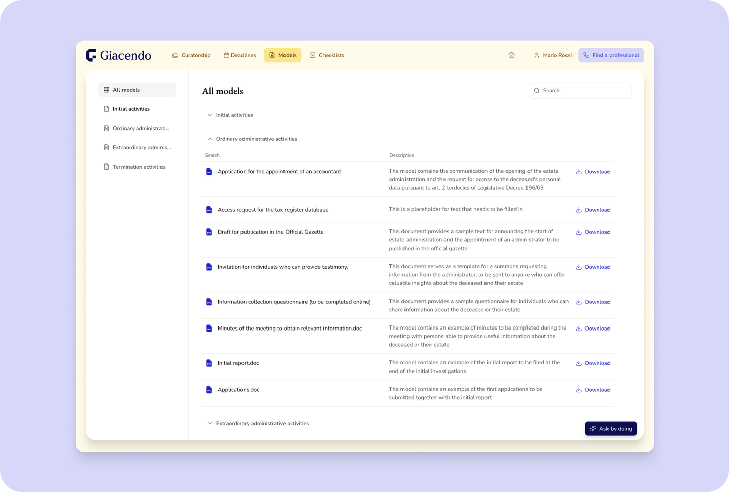 Giacendo document templates organized by procedure phase
