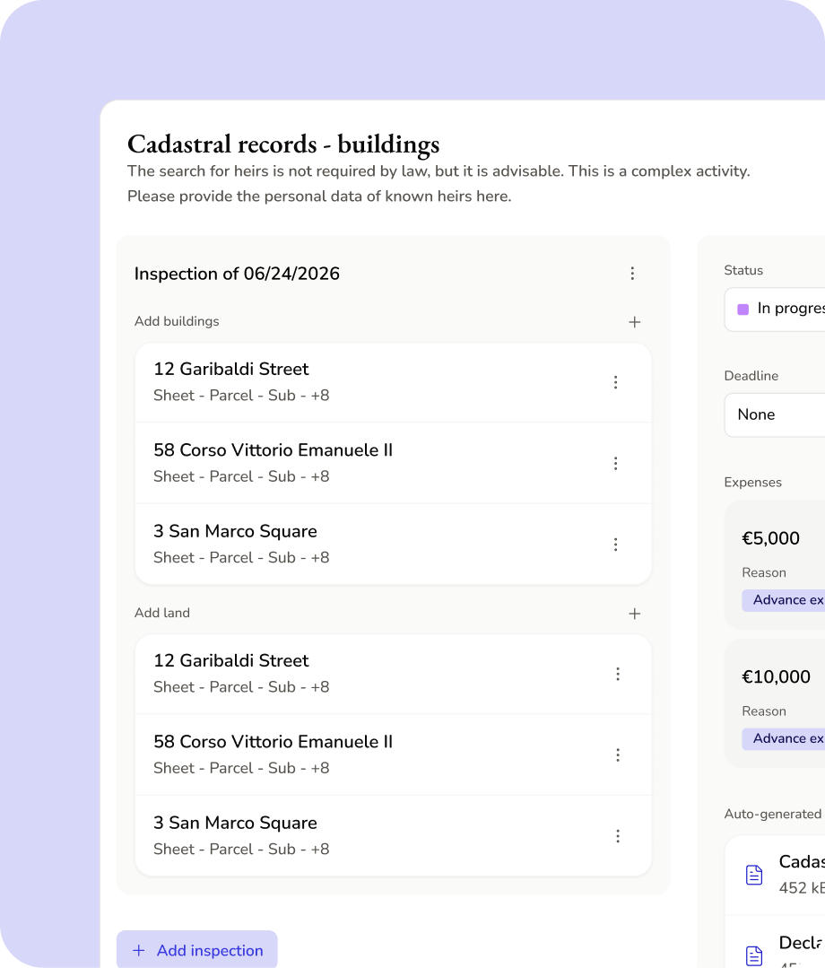 Giacendo cadastral records activity with buildings and expenses