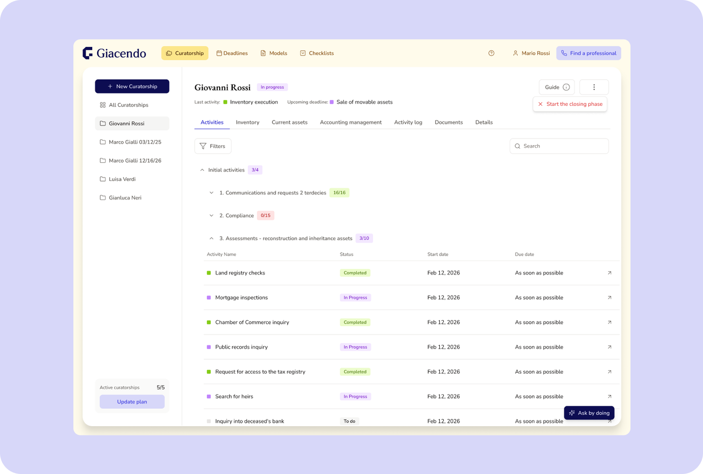 Giacendo curatorship activities with status and due dates