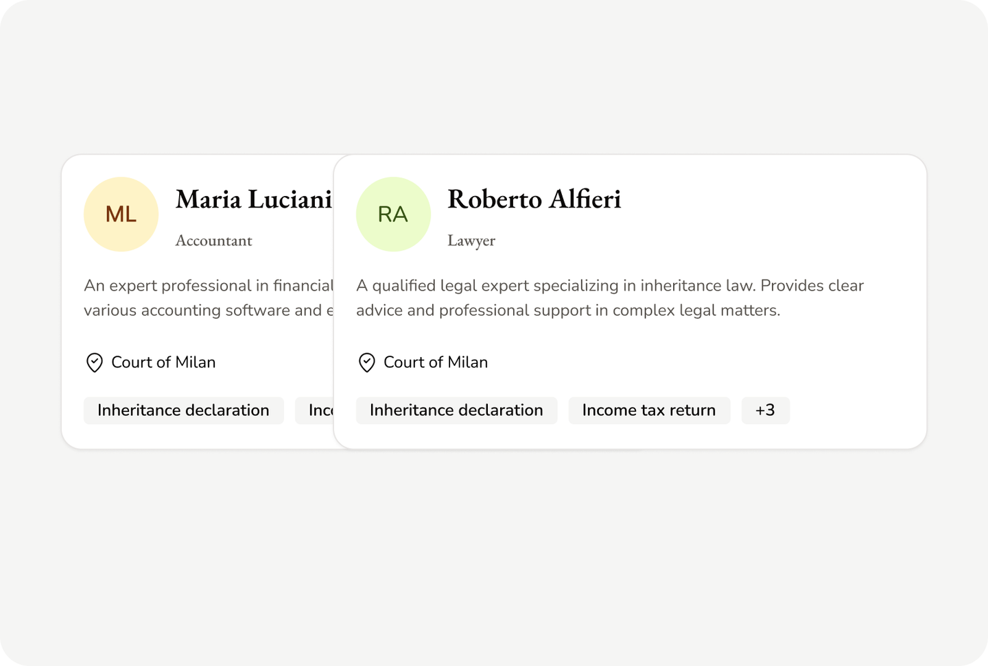 Giacendo partner profile cards for an accountant and a lawyer