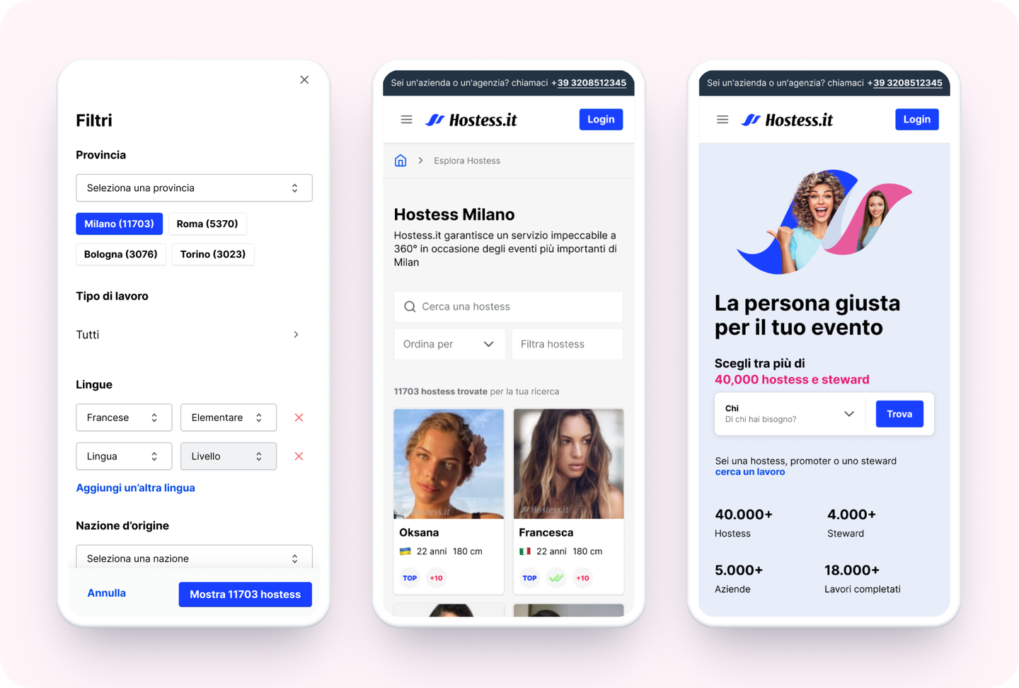Hostess.it mobile filters, city page and landing screens