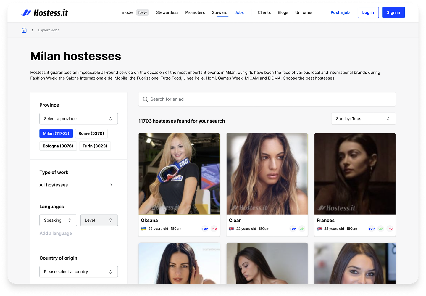 Milan hostesses search results page