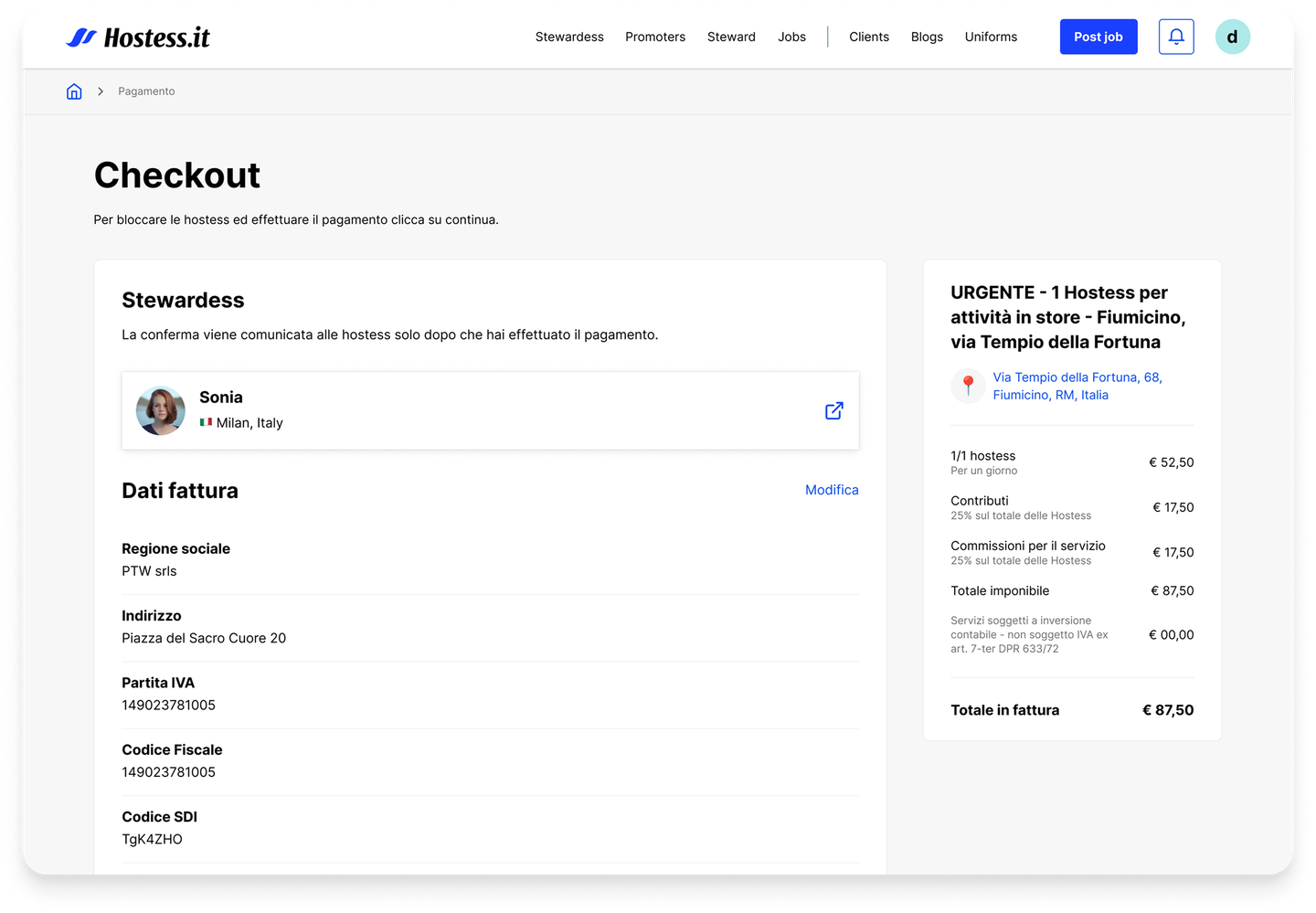 Hostess.it checkout and invoicing flow