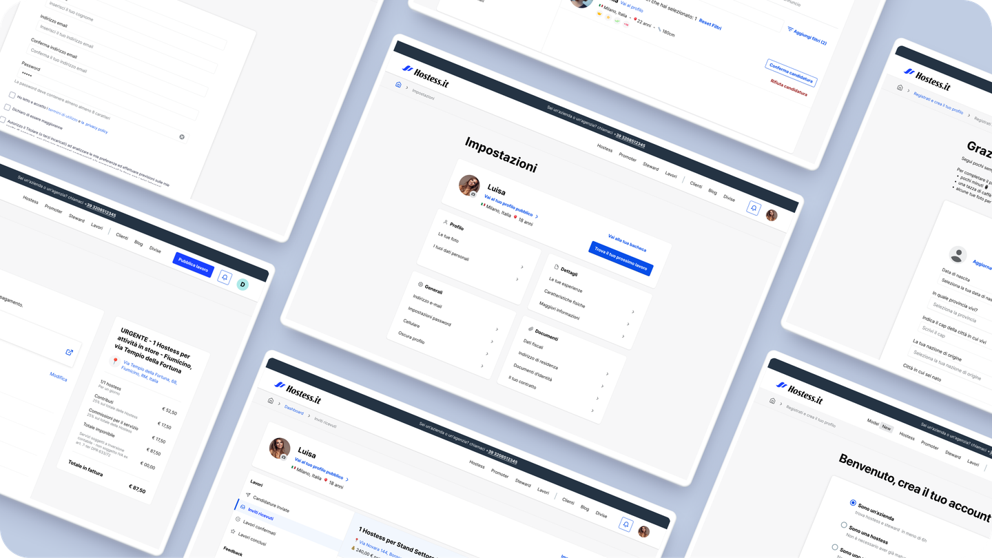 Angled mockups of redesigned Hostess.it dashboards and settings