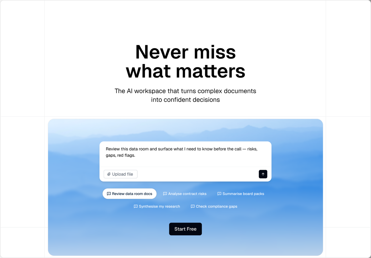 Instill AI website hero with a document review prompt
