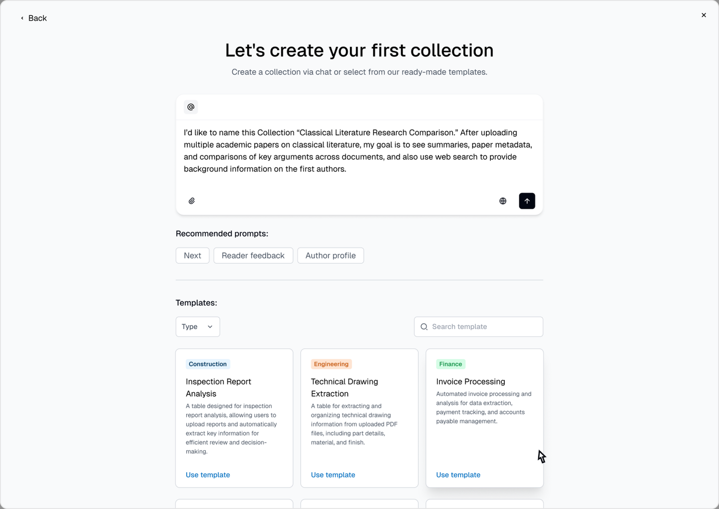Instill AI collection setup with chat prompt and templates