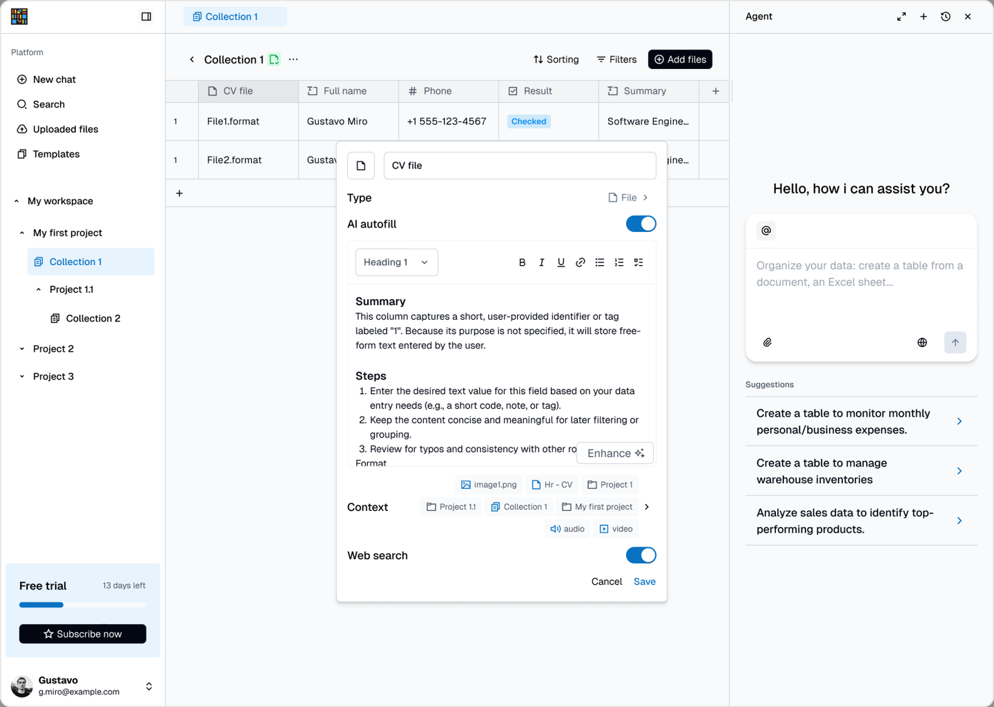 Instill AI collection table with AI autofill column settings
