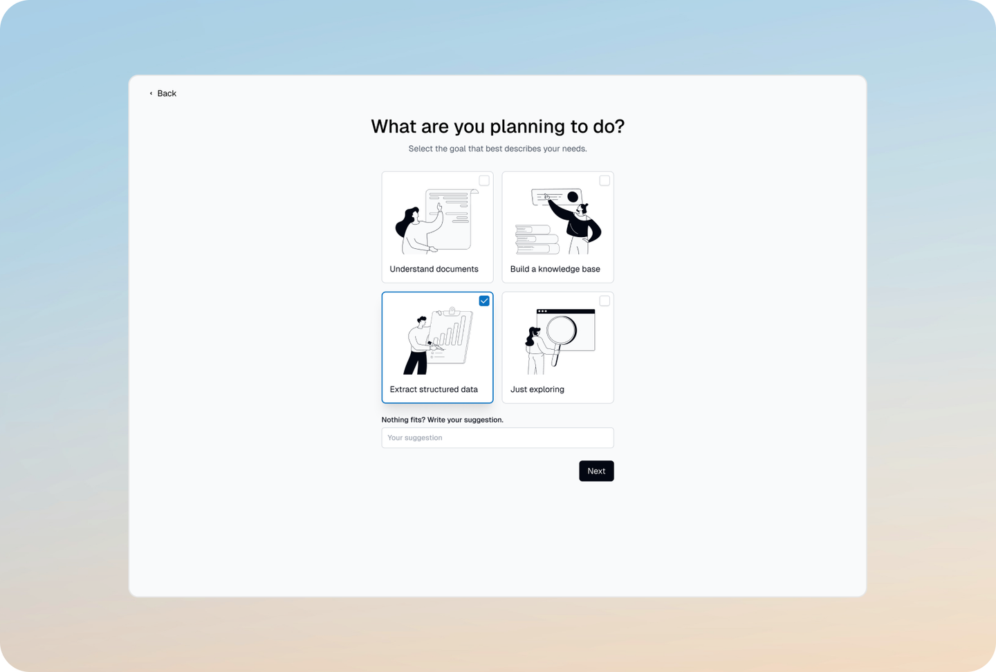 Instill AI onboarding asking users what they plan to do