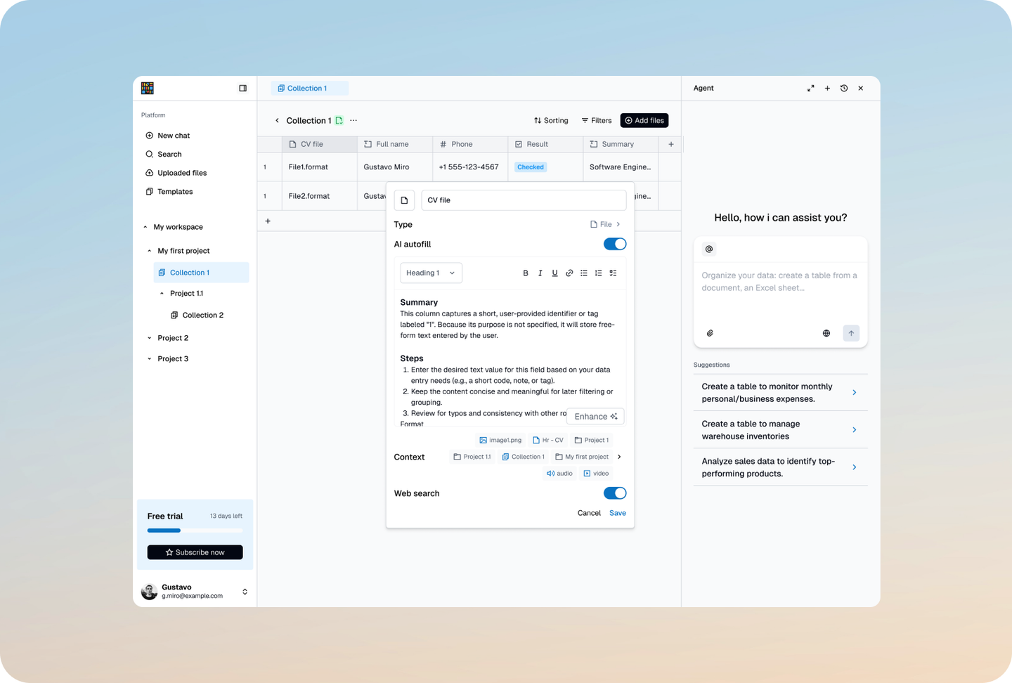 Instill AI collection table with AI autofill and context settings