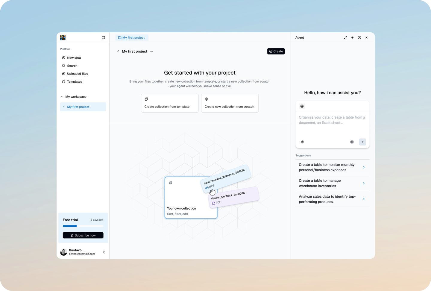 Instill AI empty project with options to create a collection
