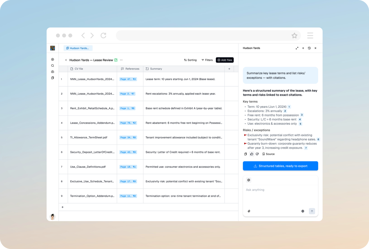 Instill AI lease review table with page references and cited summary