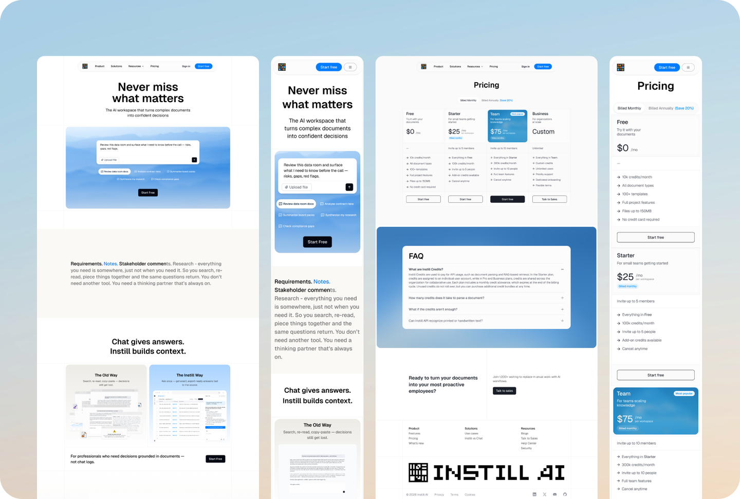 Instill AI website homepage and pricing on desktop and mobile