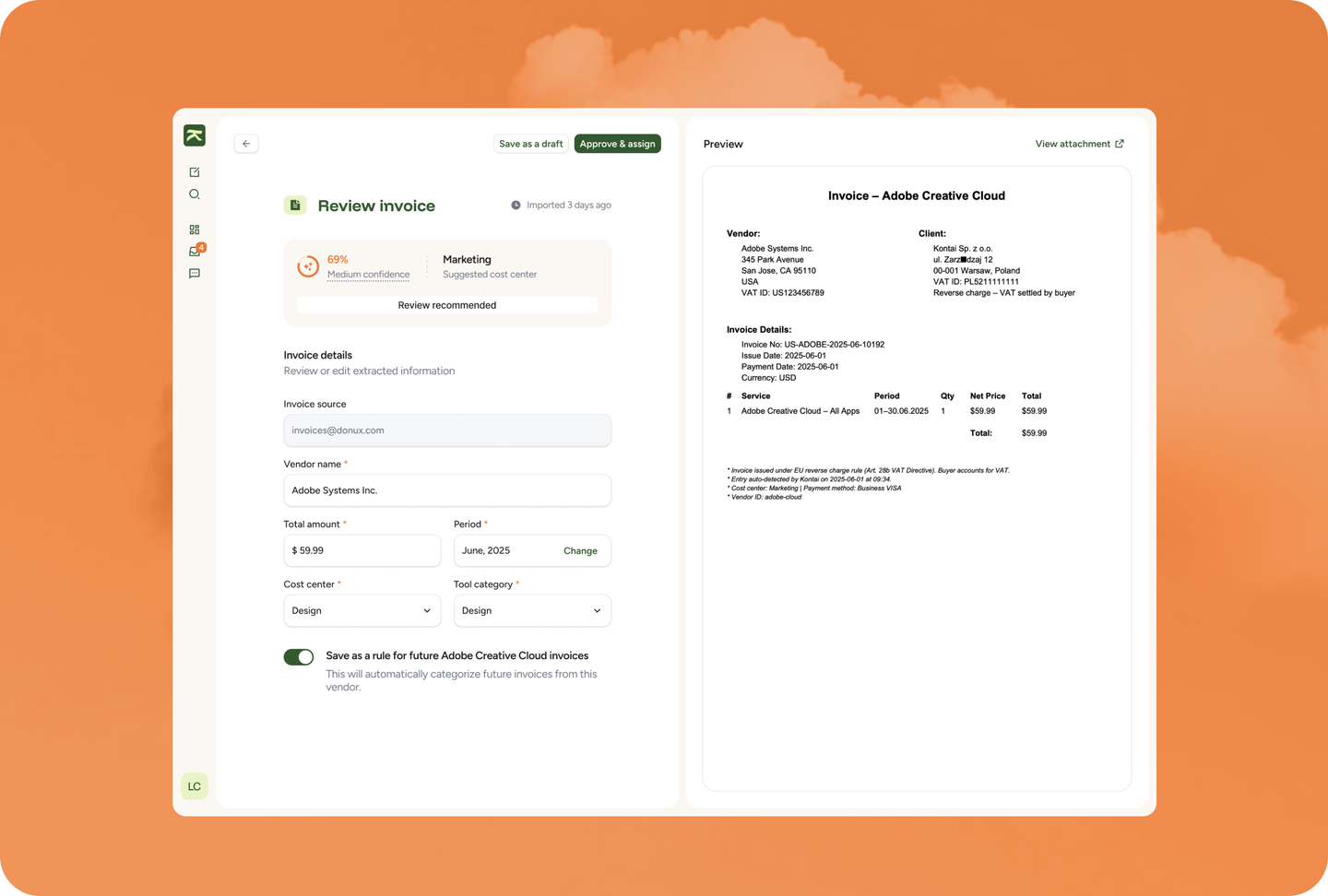 Kontai invoice review interface with smart categorization