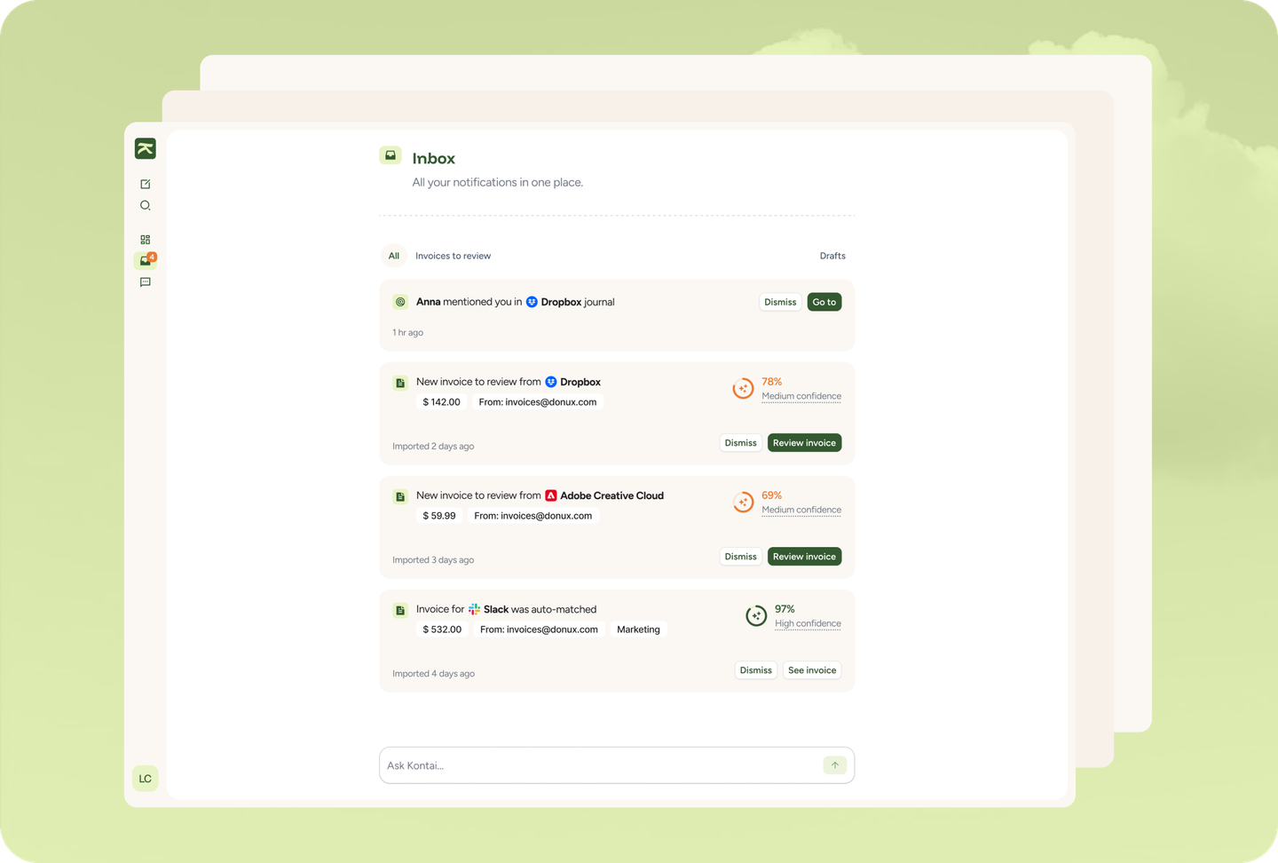 Kontai inbox with vendor notifications