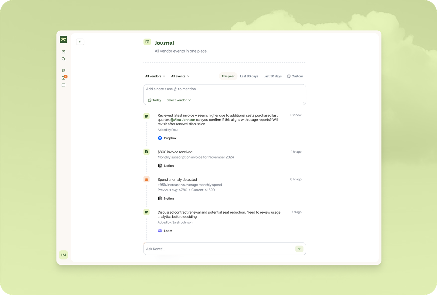 Kontai journal view with AI-assisted notes