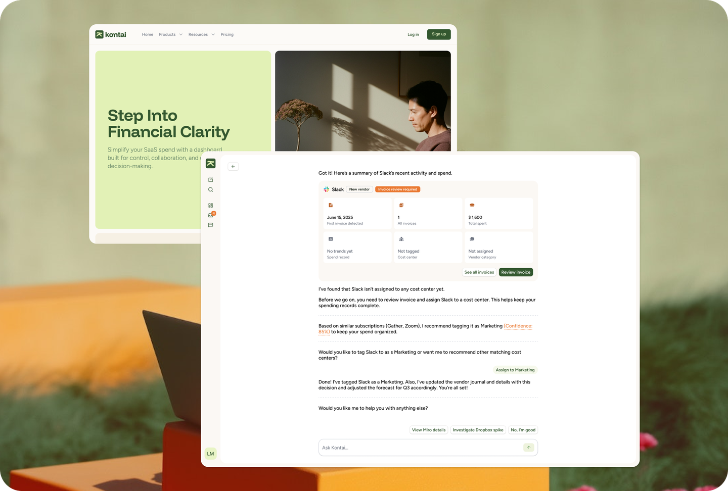 Kontai landing page with Slack review preview