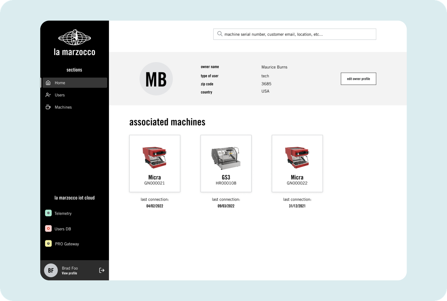 La Marzocco owner profile with associated machines