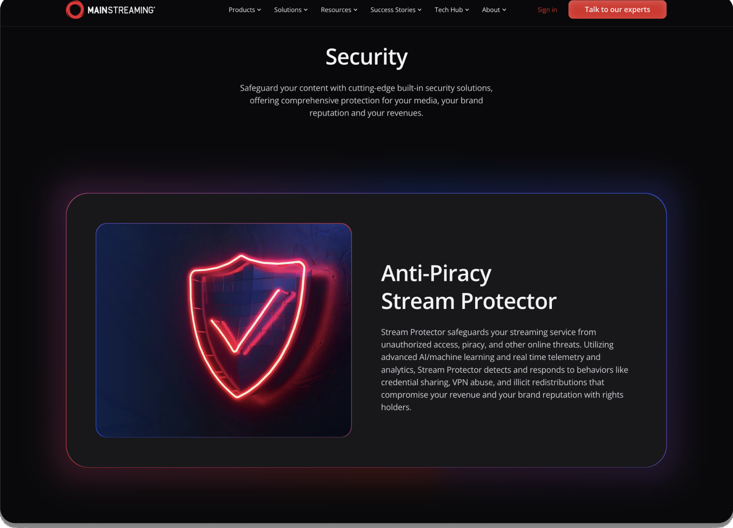 MainStreaming security page with Anti-Piracy Stream Protector