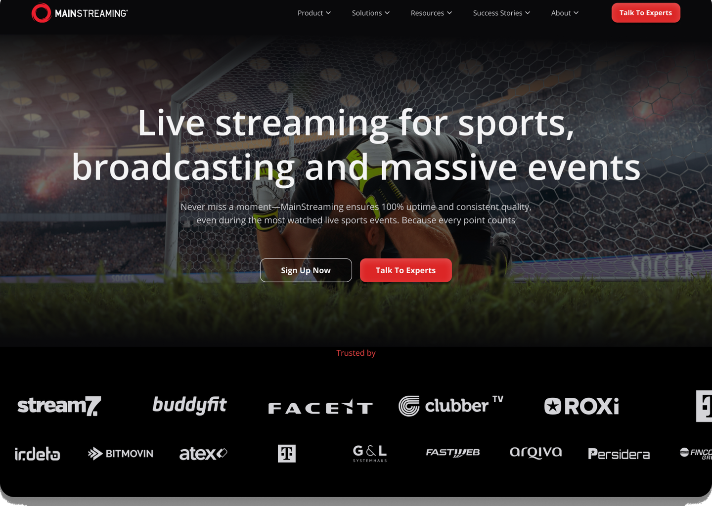 MainStreaming homepage hero for live sports streaming with client logos